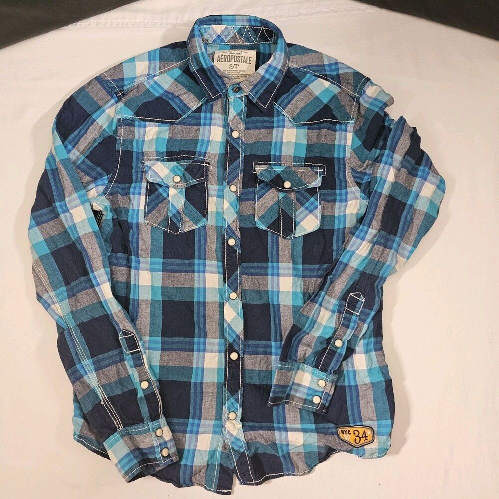 Y2K Vintage Aeropostale Plaid Button Down Western Shirt Unisex Small Pearl Snap